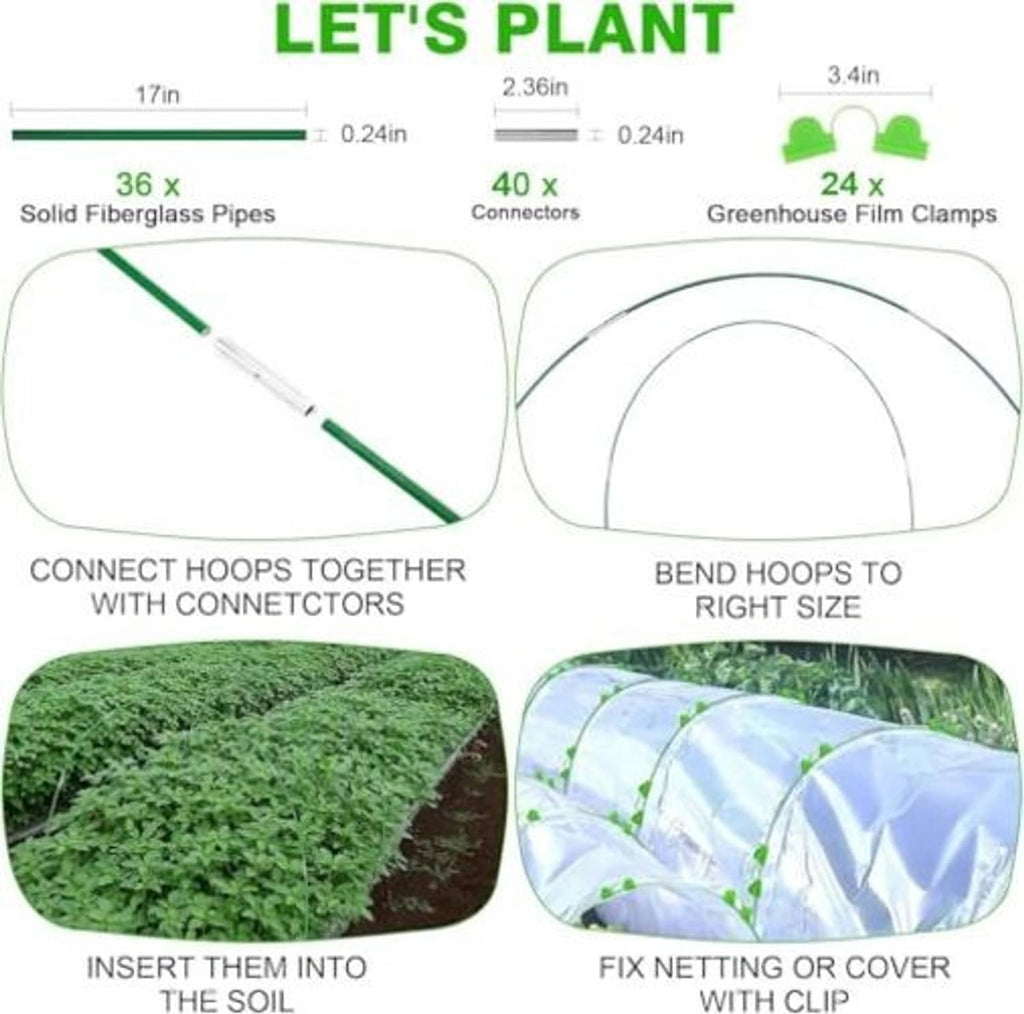 36-piece green fiberglass hoop set with connectors and greenhouse film clamps