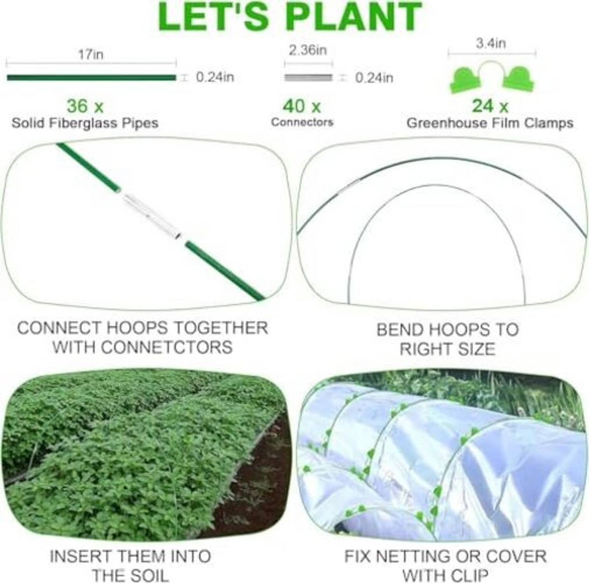 36-piece green fiberglass hoop set with connectors and greenhouse film clamps