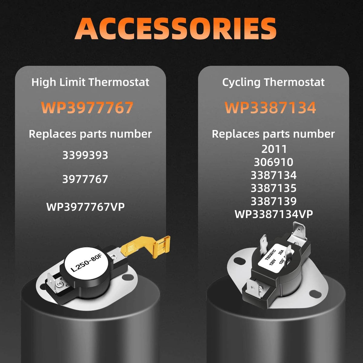 Dryer heating element accessory kit with high limit and cycling thermostats and terminals
