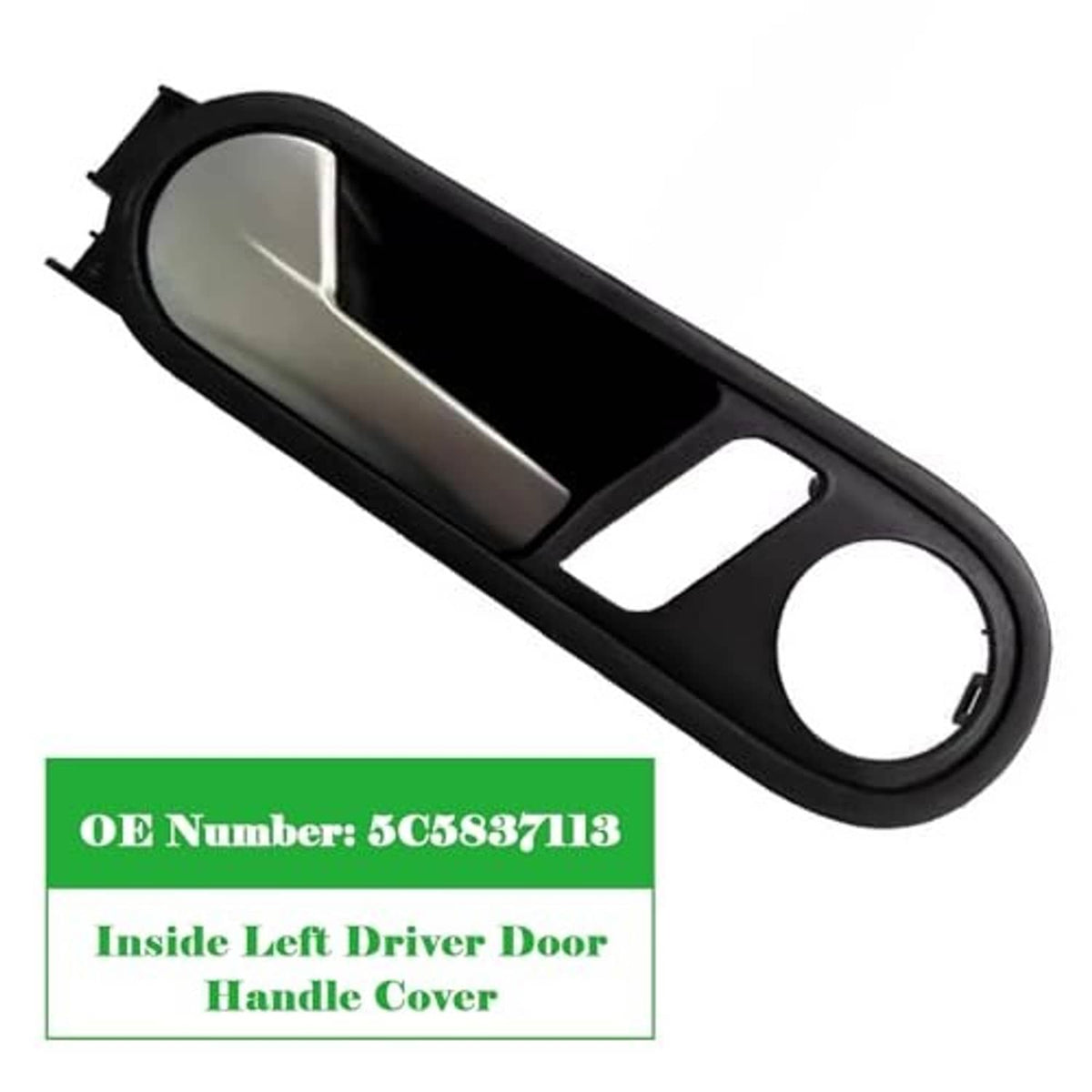 Interior left driver door handle cover, black housing with beige insert and round cutout