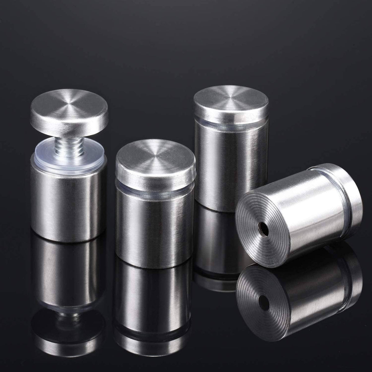 Silver sign standoff screws with round caps and cylindrical posts, front and side views
