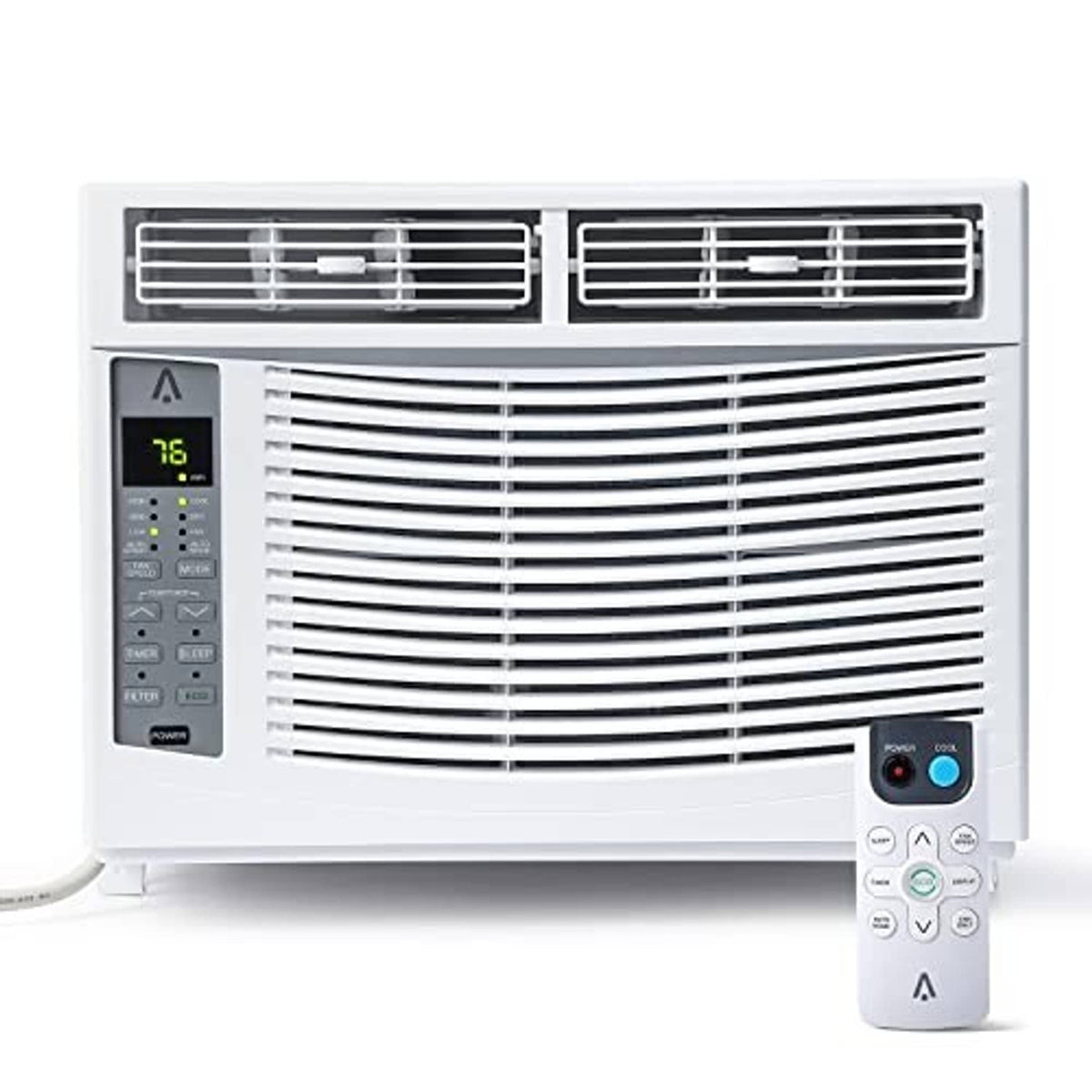 White window air conditioner with front vents, LED display, and remote control.