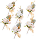 Men's boutonniere set of white roses with greenery, light champagne ribbon ties, pins included
