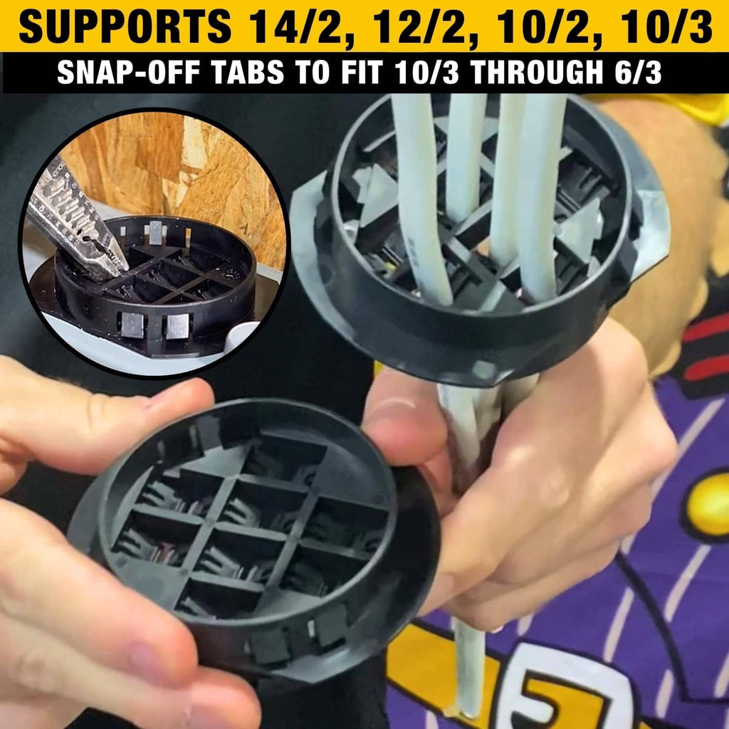 Black snap-off tab wire waffle insert for wiring through different knockout sizes