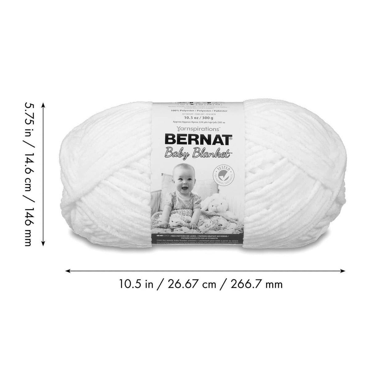 White super bulky baby blanket yarn skein with label and size measurements