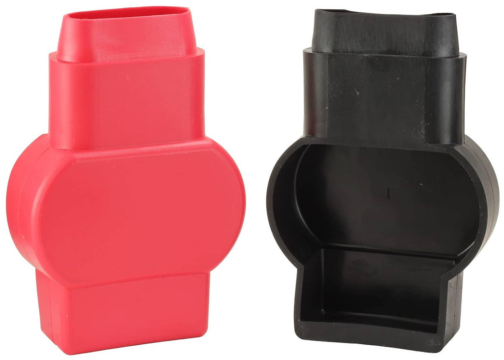 Battery terminal covers, one red and one black, with molded plastic caps