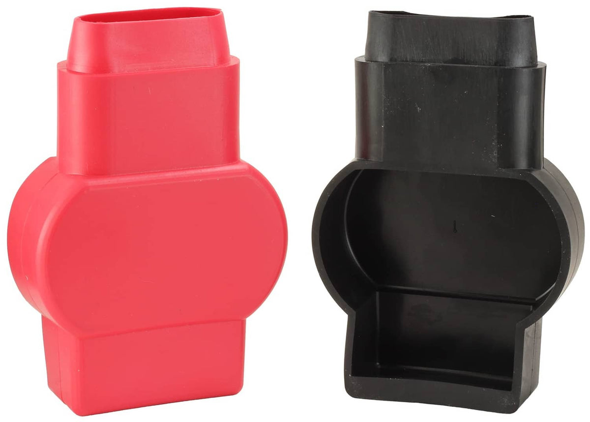 Battery terminal covers, one red and one black, with molded plastic caps