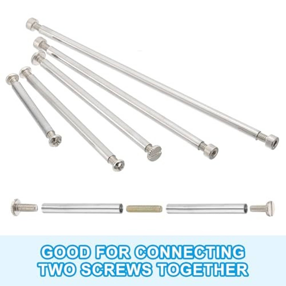 M4 coupling nuts kit with long threaded rods and coupling nuts, silver and gold finishes