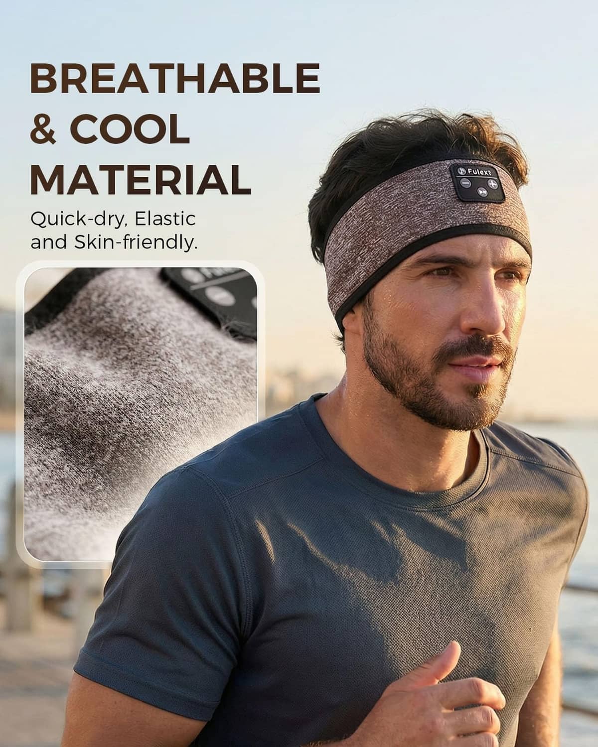 Fulext breathable sleep headphone headband on a man; dark heather with speaker control module