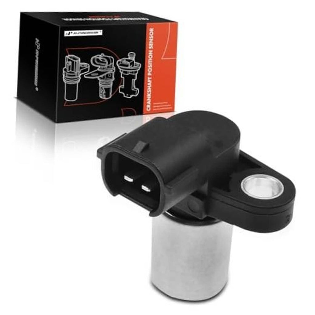 Black crankshaft position sensor with two-pin connector and silver metal body
