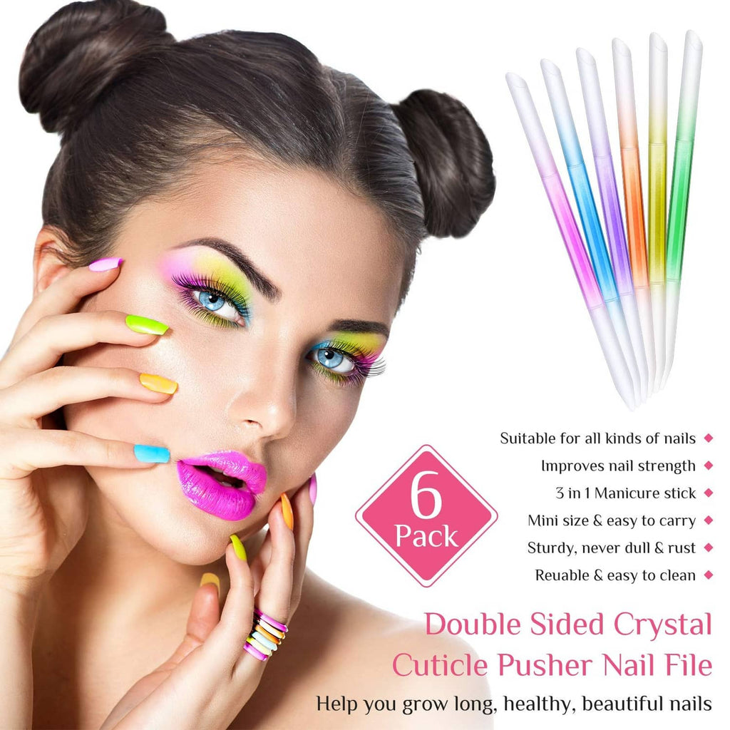 Double-sided crystal cuticle pusher nail file set of 6 glass sticks in pastel colors