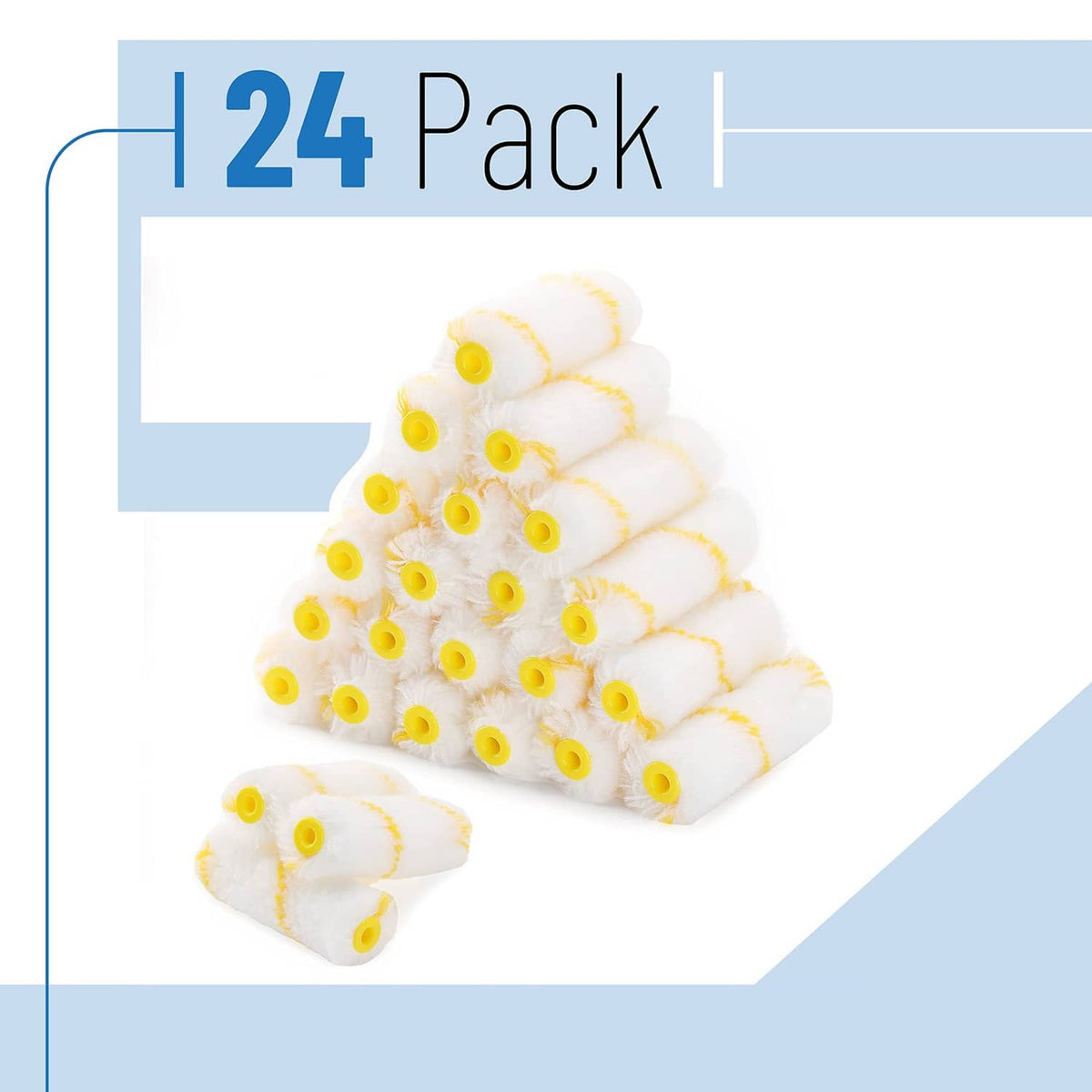 Pack of 4-inch paint roller covers with fluffy white sleeves and yellow center holes