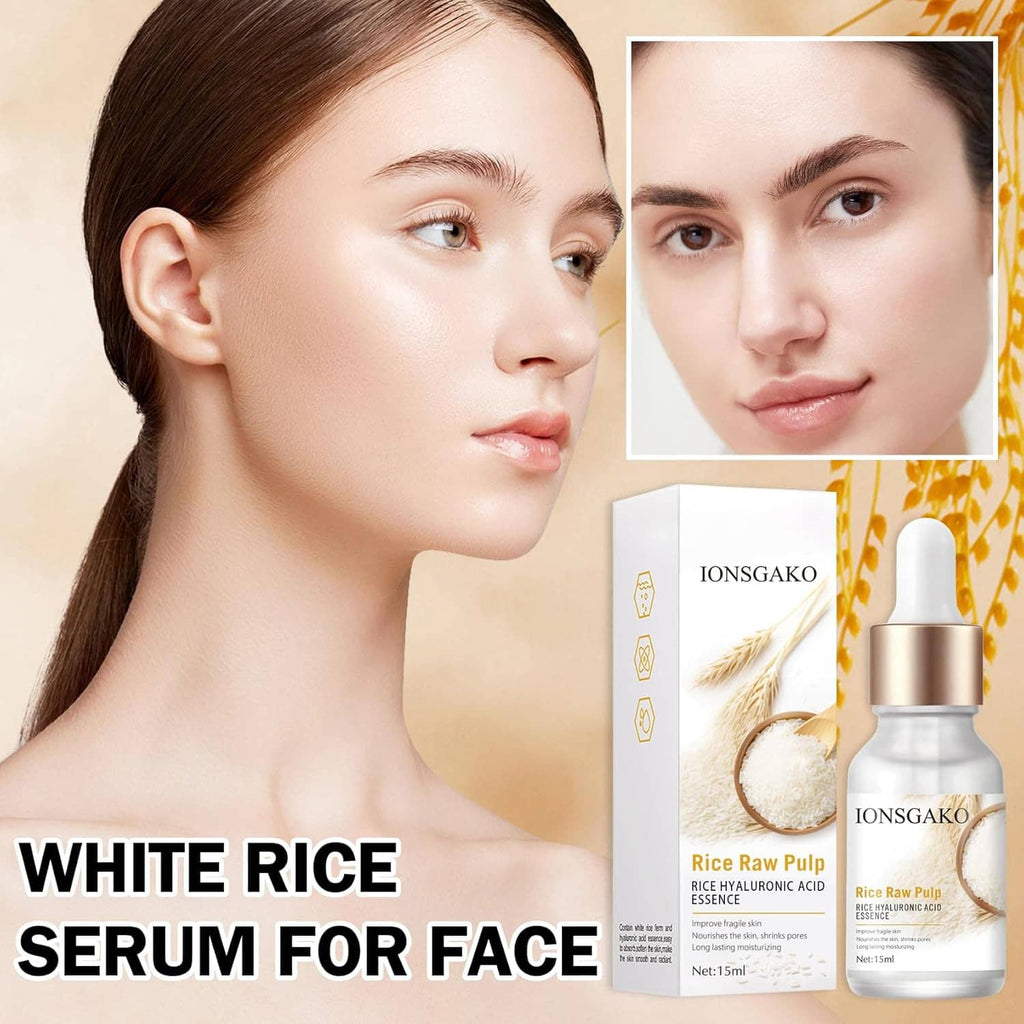 Skincare serum bottle beside white package, shown with a close-up model for face care