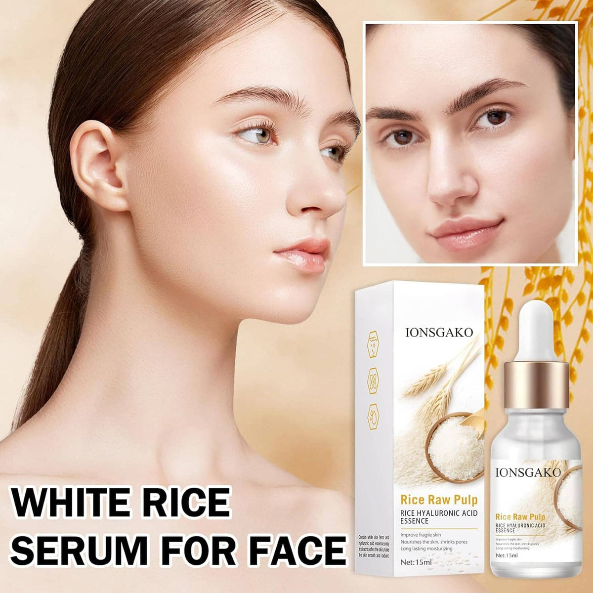 Skincare serum bottle beside white package, shown with a close-up model for face care