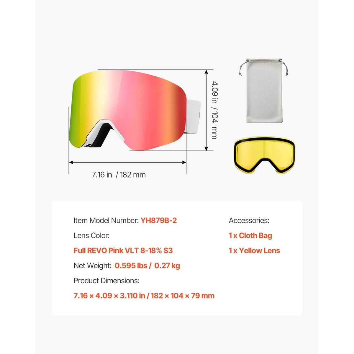 Ski goggles set with pink revo lens, yellow spare lens, and storage bag