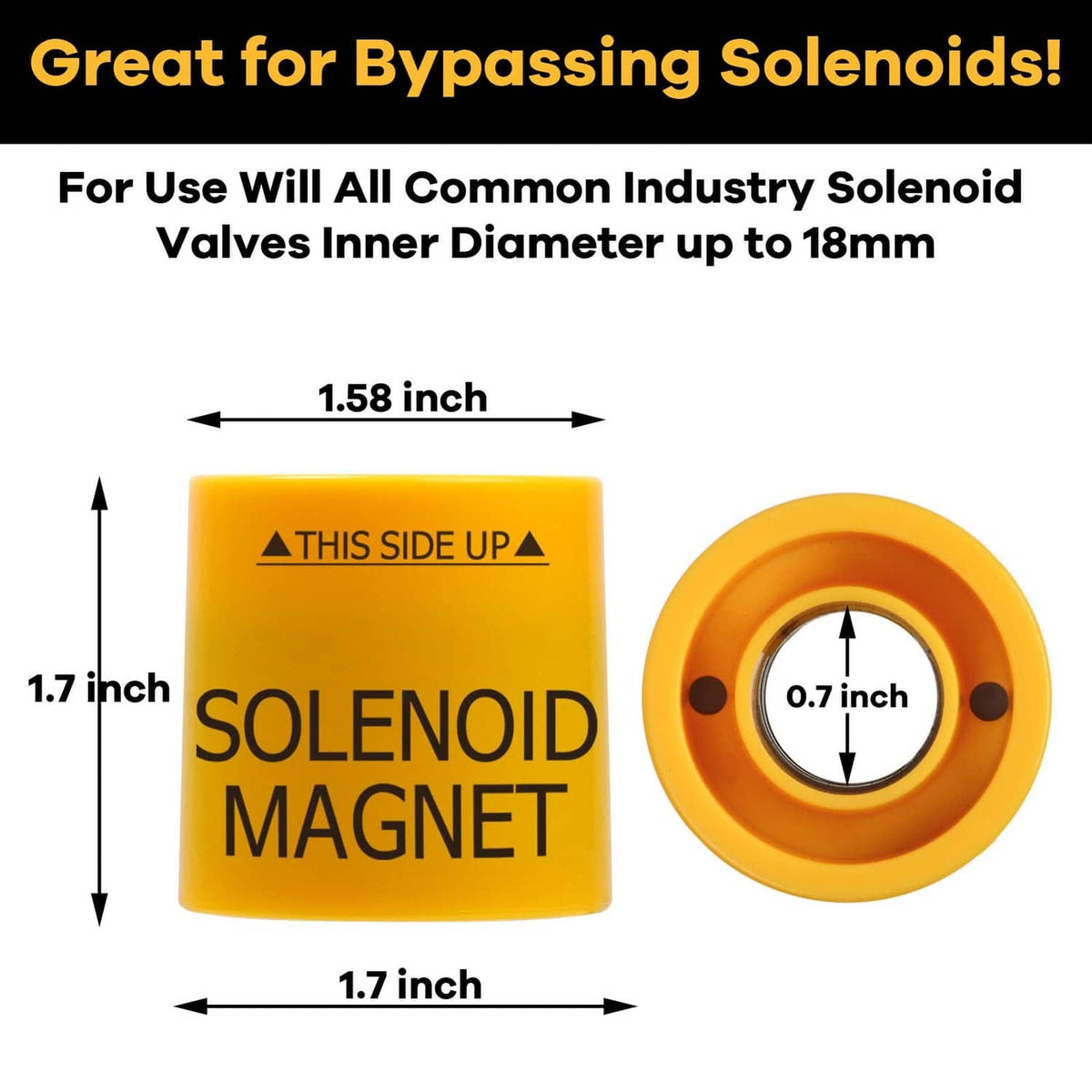 Yellow solenoid magnet tool with ring and cube size measurement diagram