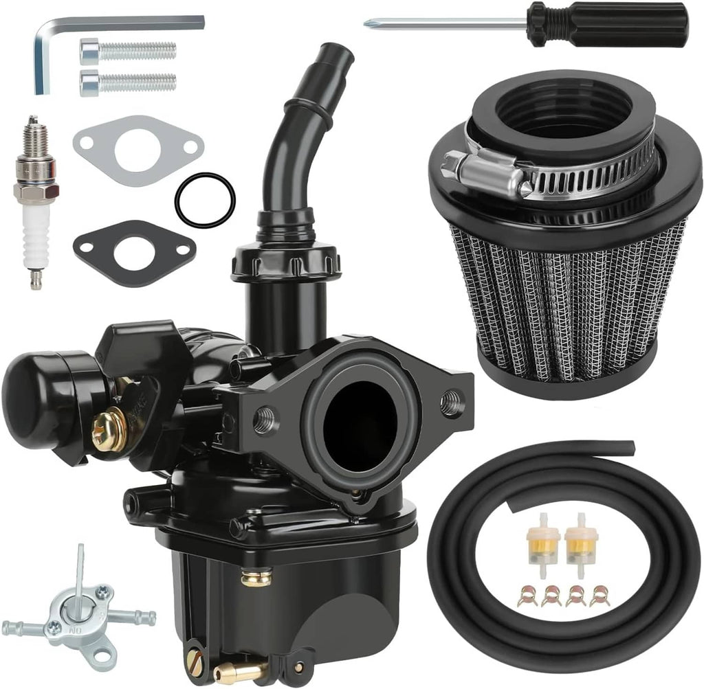 Black carburetor kit with air filter, hoses, gaskets, spark plug, and mounting hardware