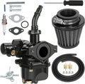 Black carburetor kit with air filter, hoses, gaskets, spark plug, and mounting hardware