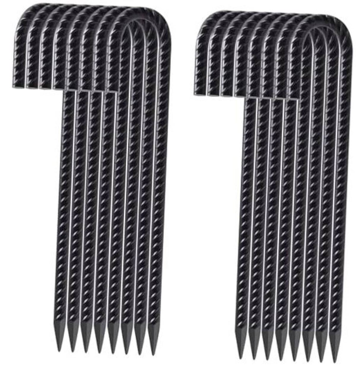 Black J-hook rebar stakes with coil ridges and pointed ends, heavy-duty set