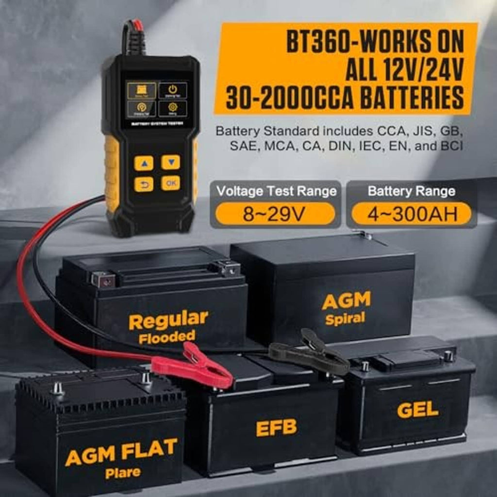 Battery tester on AGM/EFB/GEL battery set with red clamp leads
