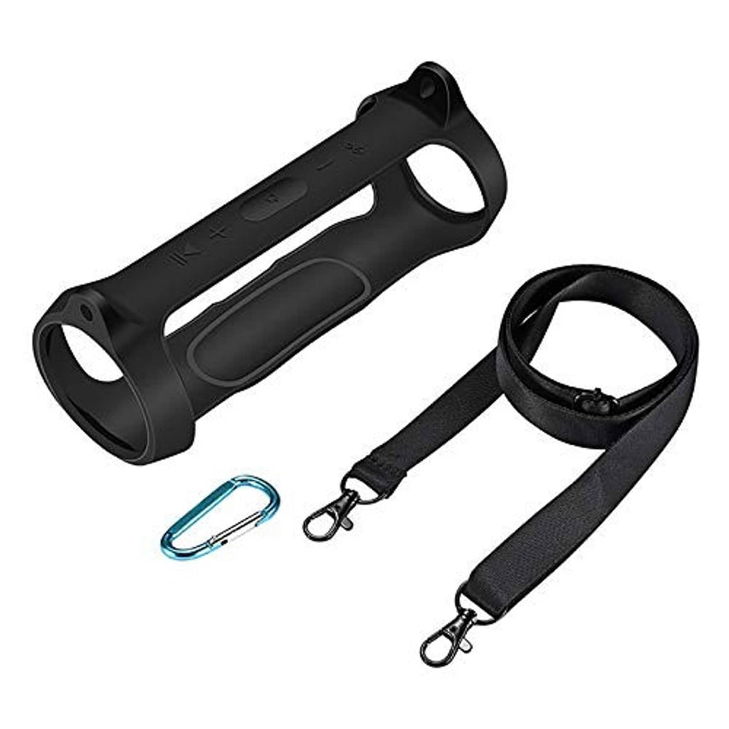 Black silicone speaker sleeve with carry strap and carabiners, shown with included clips
