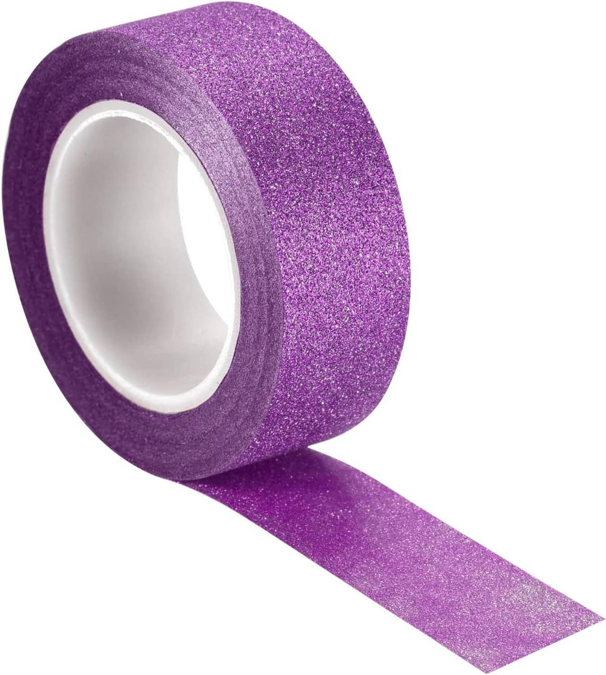 Purple glitter tape roll with sparkling finish and long self-adhesive strip.