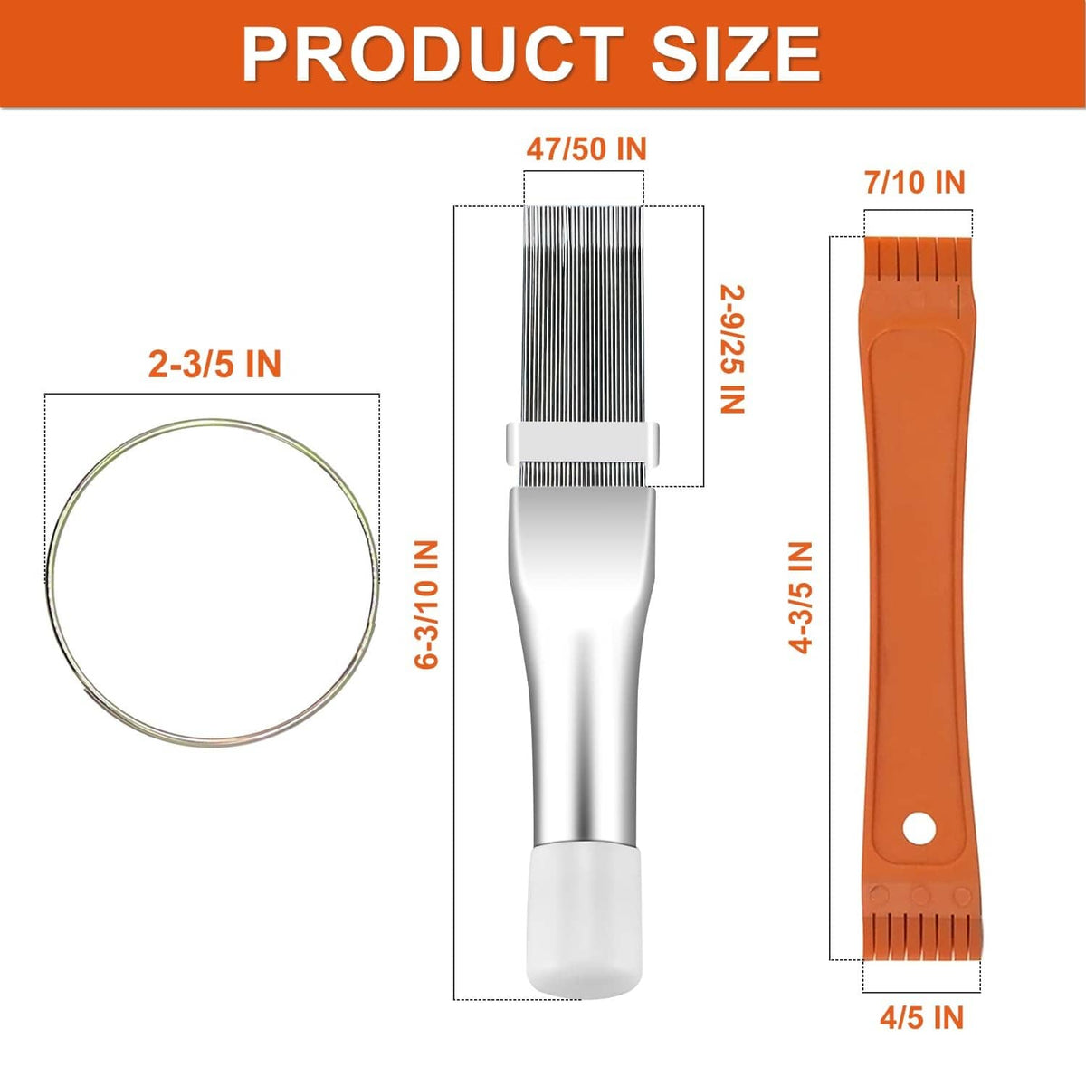 Air conditioner condenser fin comb tool with silver metal fins and white adjustable hoop.