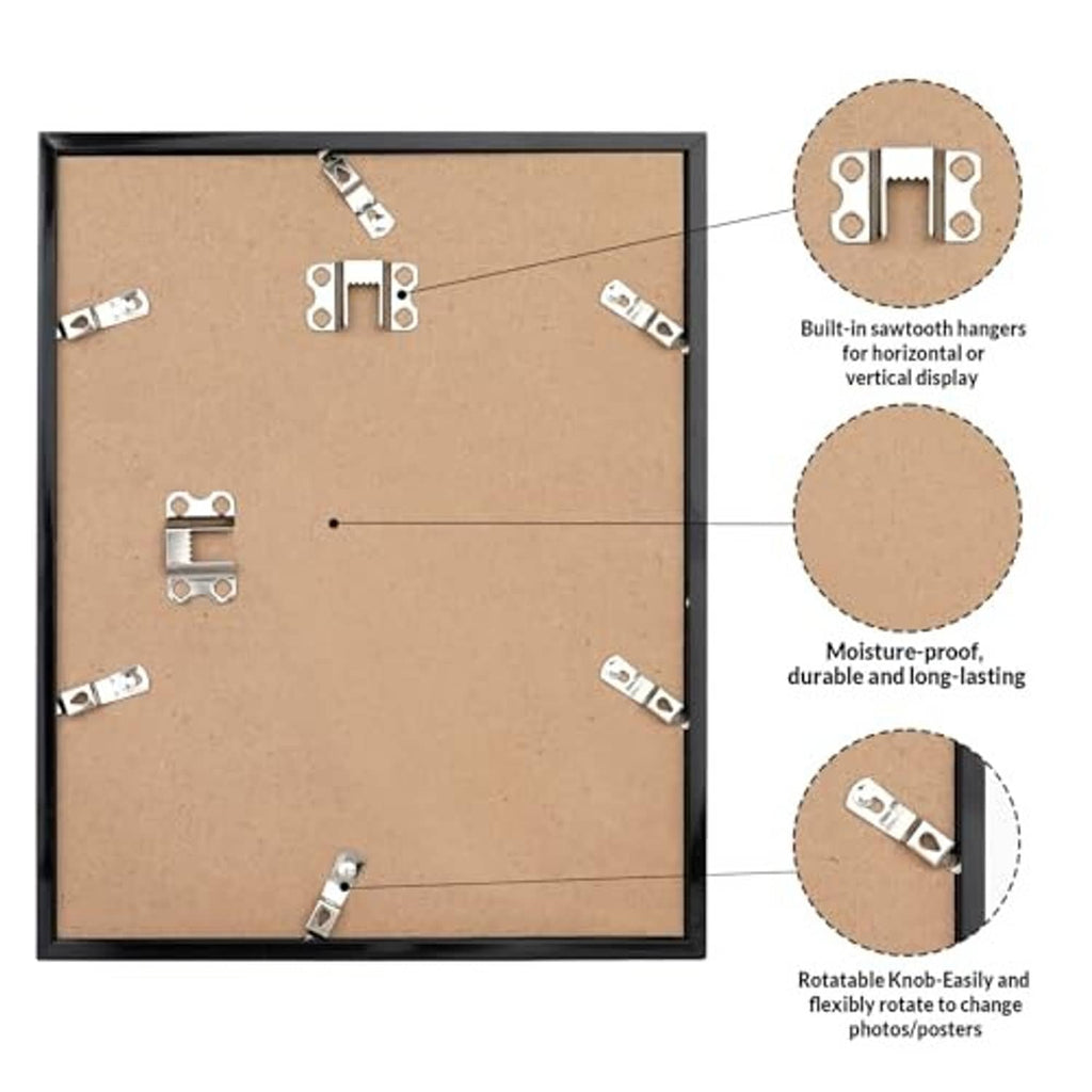 Black poster frame back with built-in hangers and rotatable corner tabs