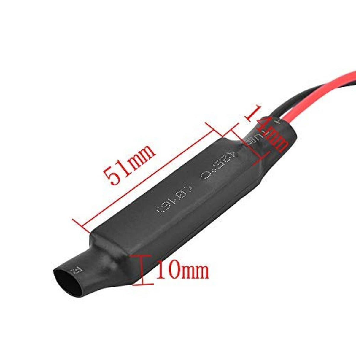Black inline resistor module marked 10mm x 51mm with red/black lead wires