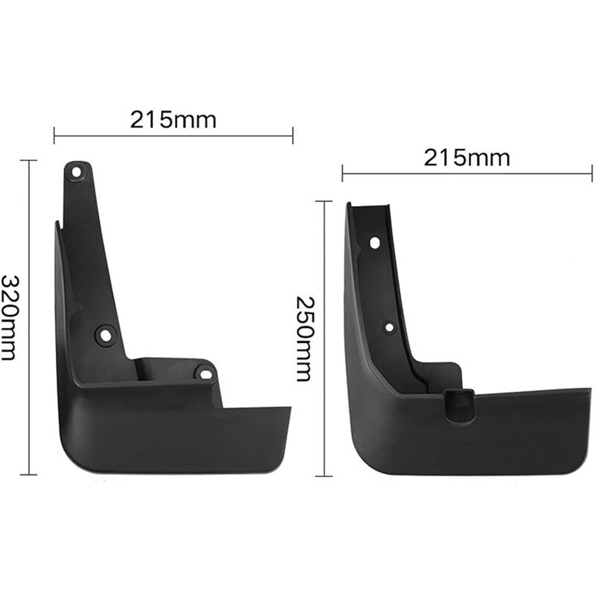 Black front and rear mud flaps with measured front and rear dimensions, 4-piece set.