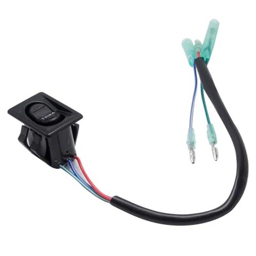 Tilt-and-trim switch with black housing, multi-color wires, and two connector plugs