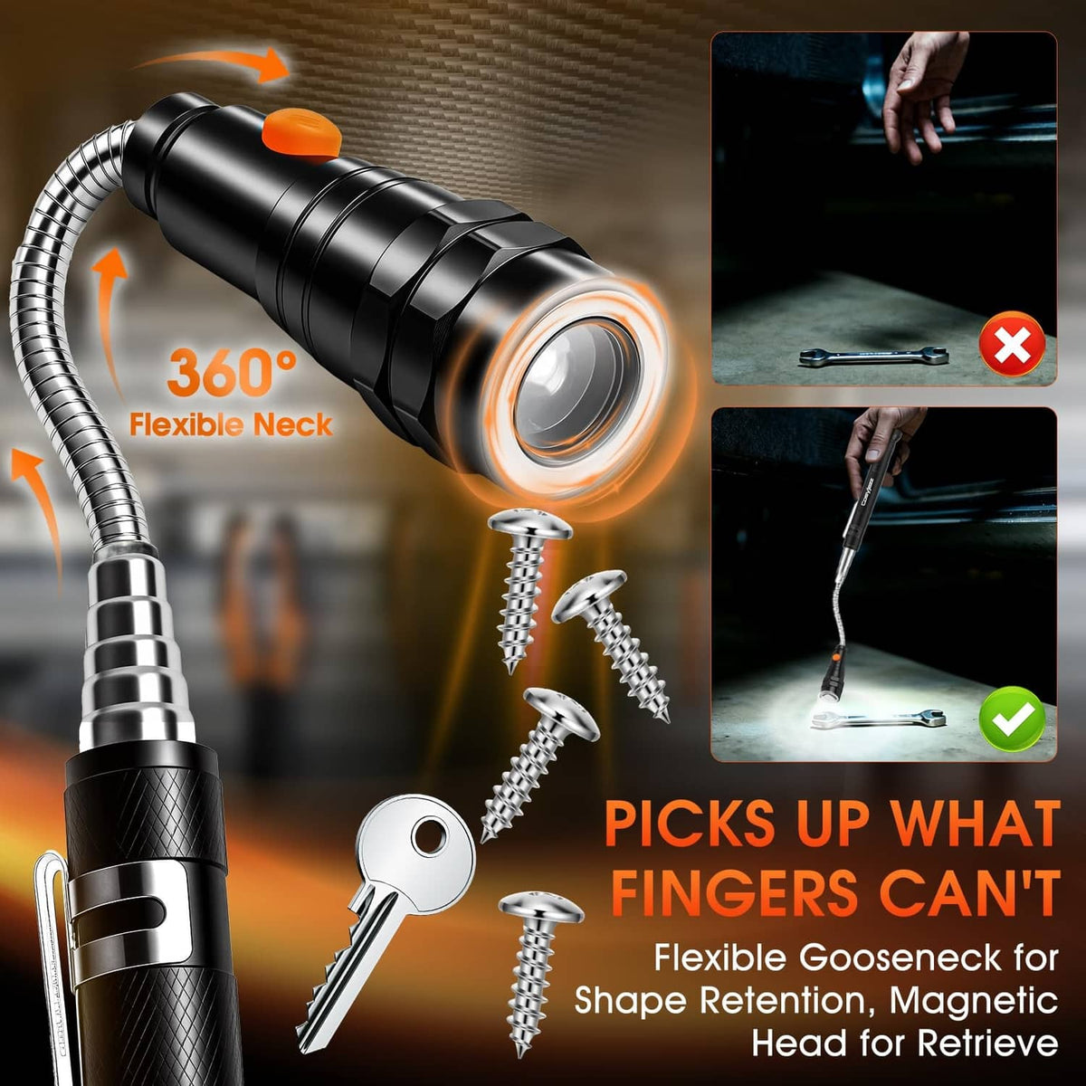 Black LED magnetic pickup tool with 360° flexible neck and screw retrieval head