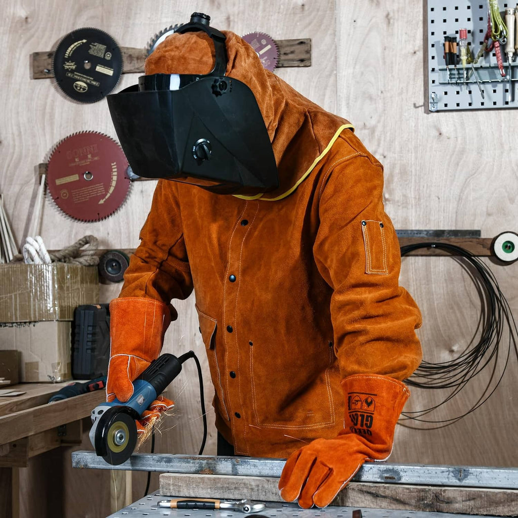 Leather welding hood with dark face shield and yellow-trimmed edge