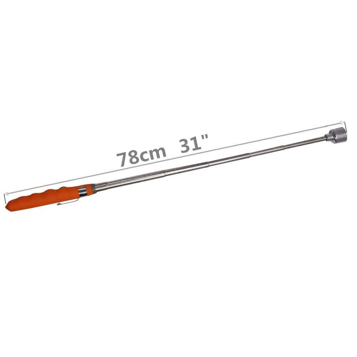 Orange telescoping magnetic pick-up tool with 31in extendable shaft and metal tip