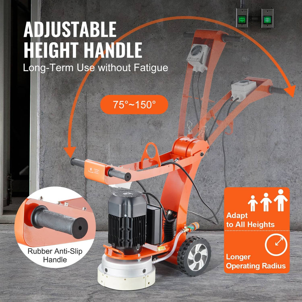 Adjustable-height walk-behind floor grinder with rubber anti-slip handle grips and wheels