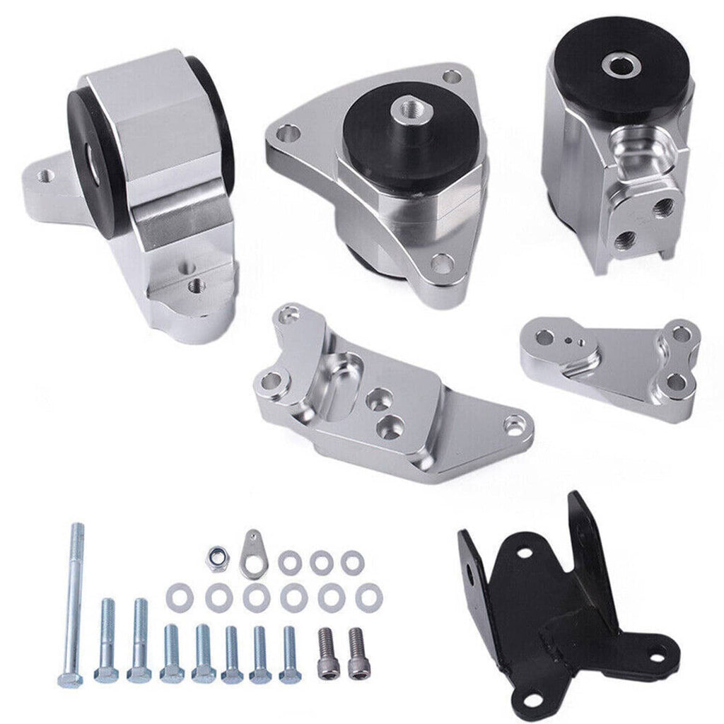 Motor mount kit with silver mounting arms, black bushings, and included bolt hardware
