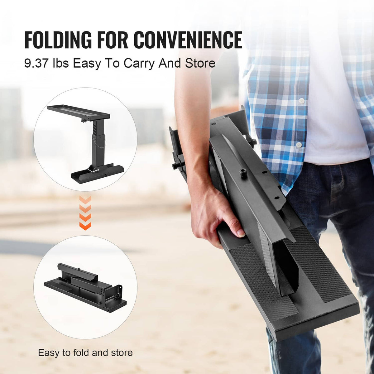 Black folding ladder stabilizer for easy carrying and storage with support tray