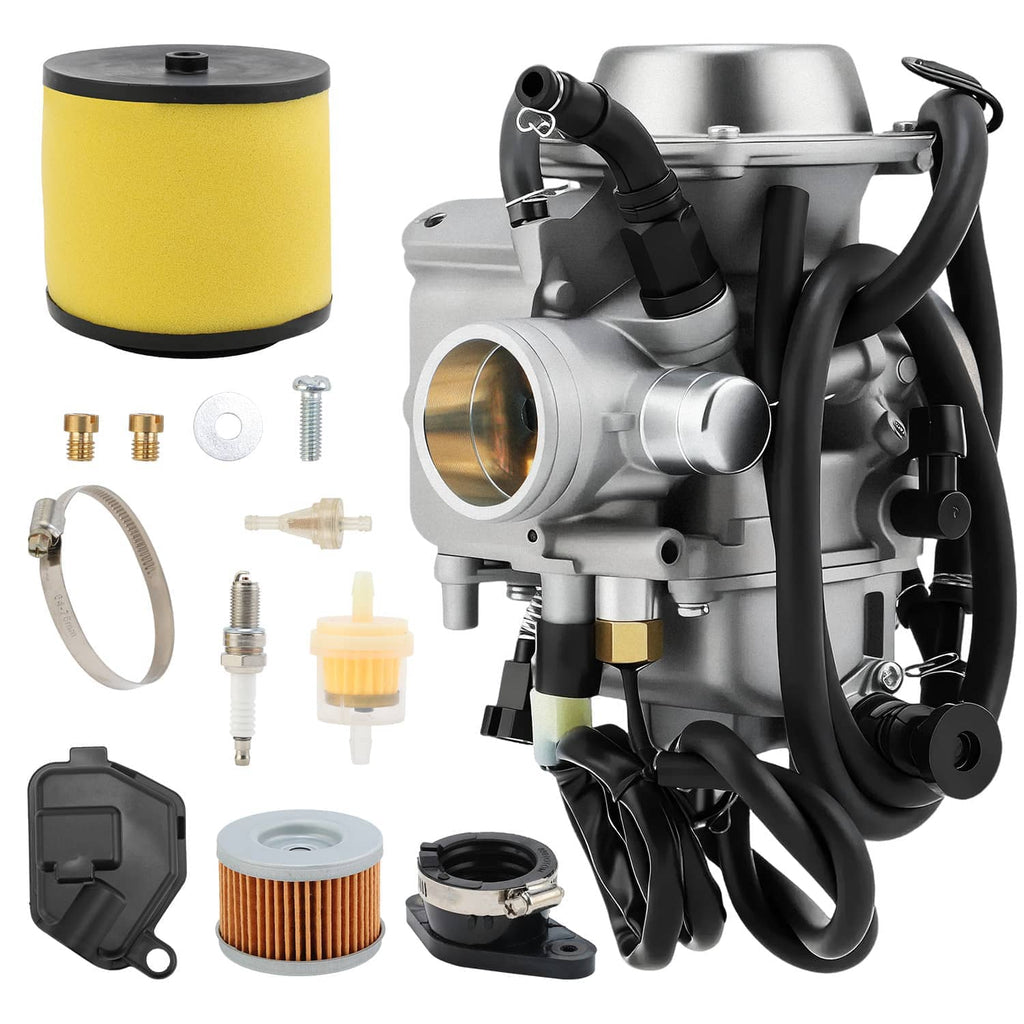 Carburetor kit with metal carburetor, yellow air filter, hoses, spark plug and small fittings