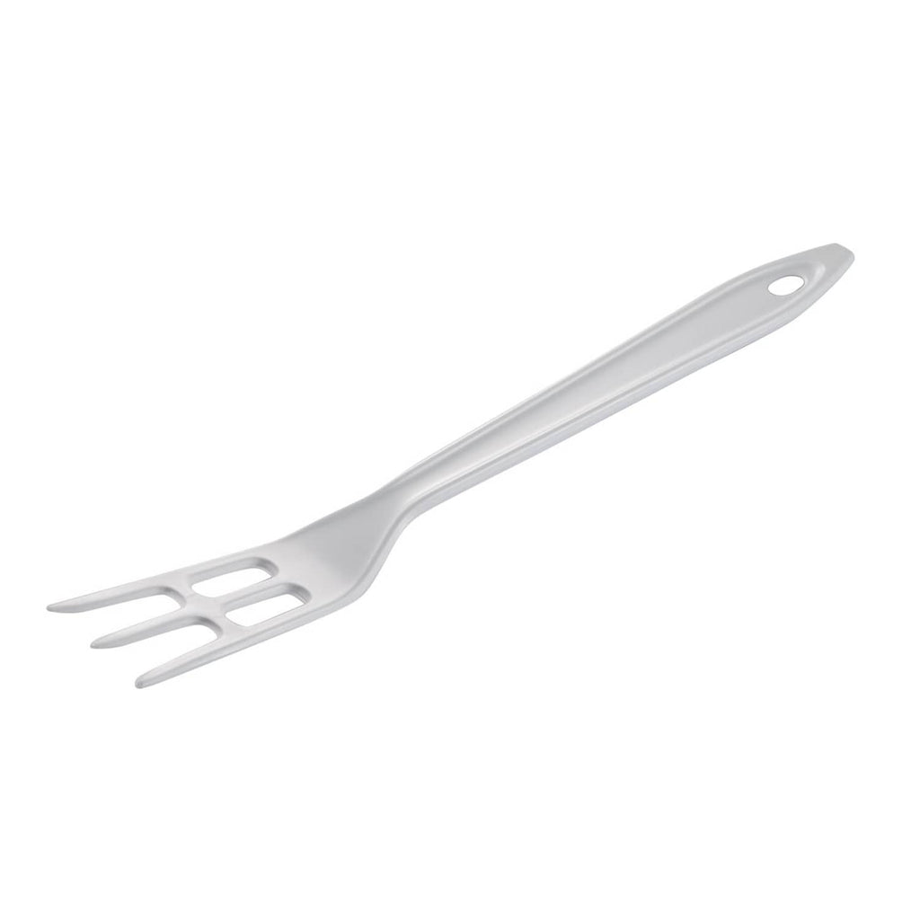 White plastic fork with four tines and oval hole on handle