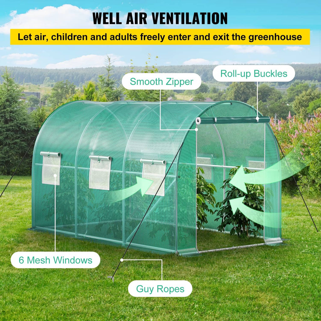 Greenhouse tunnel with green cover, zippered front door, mesh windows and guy ropes