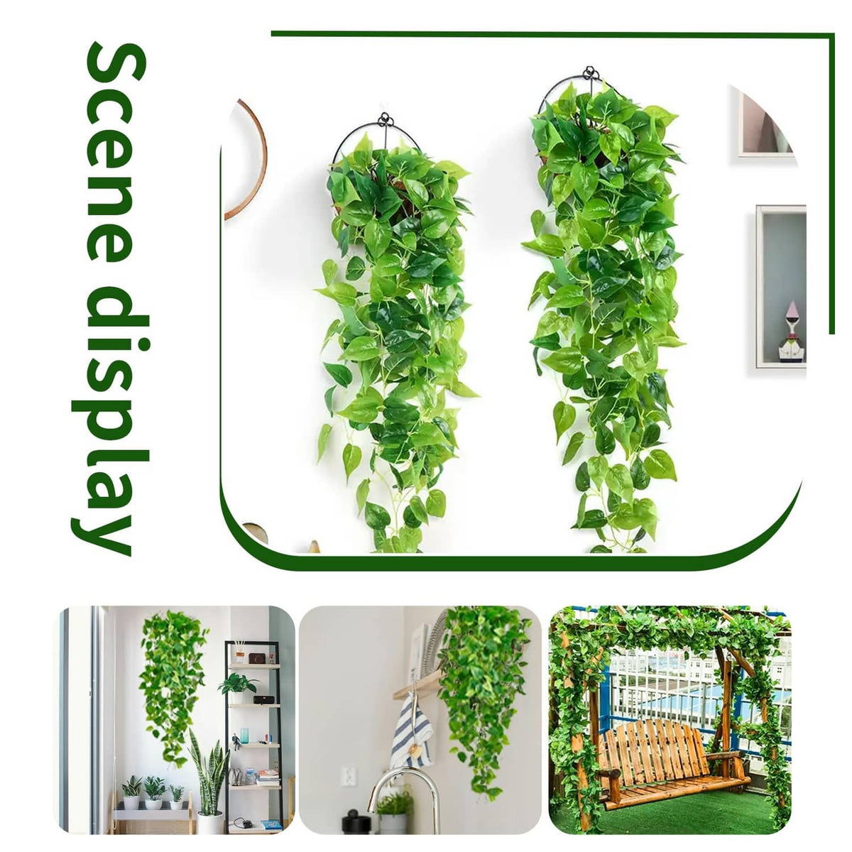 Pair of artificial hanging vine plants with dense green leaves and attached hanging loops