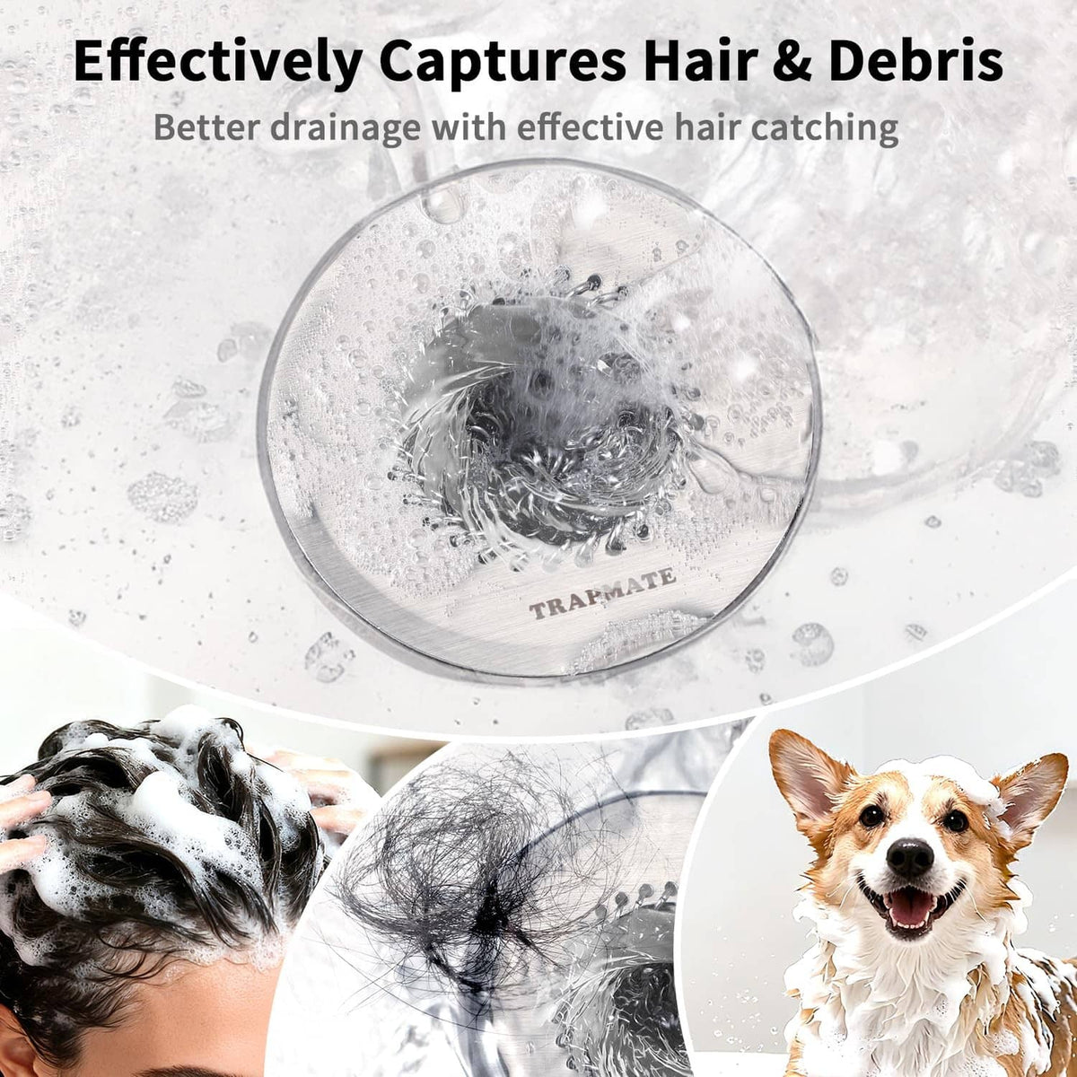 Silver drain strainer disc with chainmail mesh to catch hair and debris in bathtub