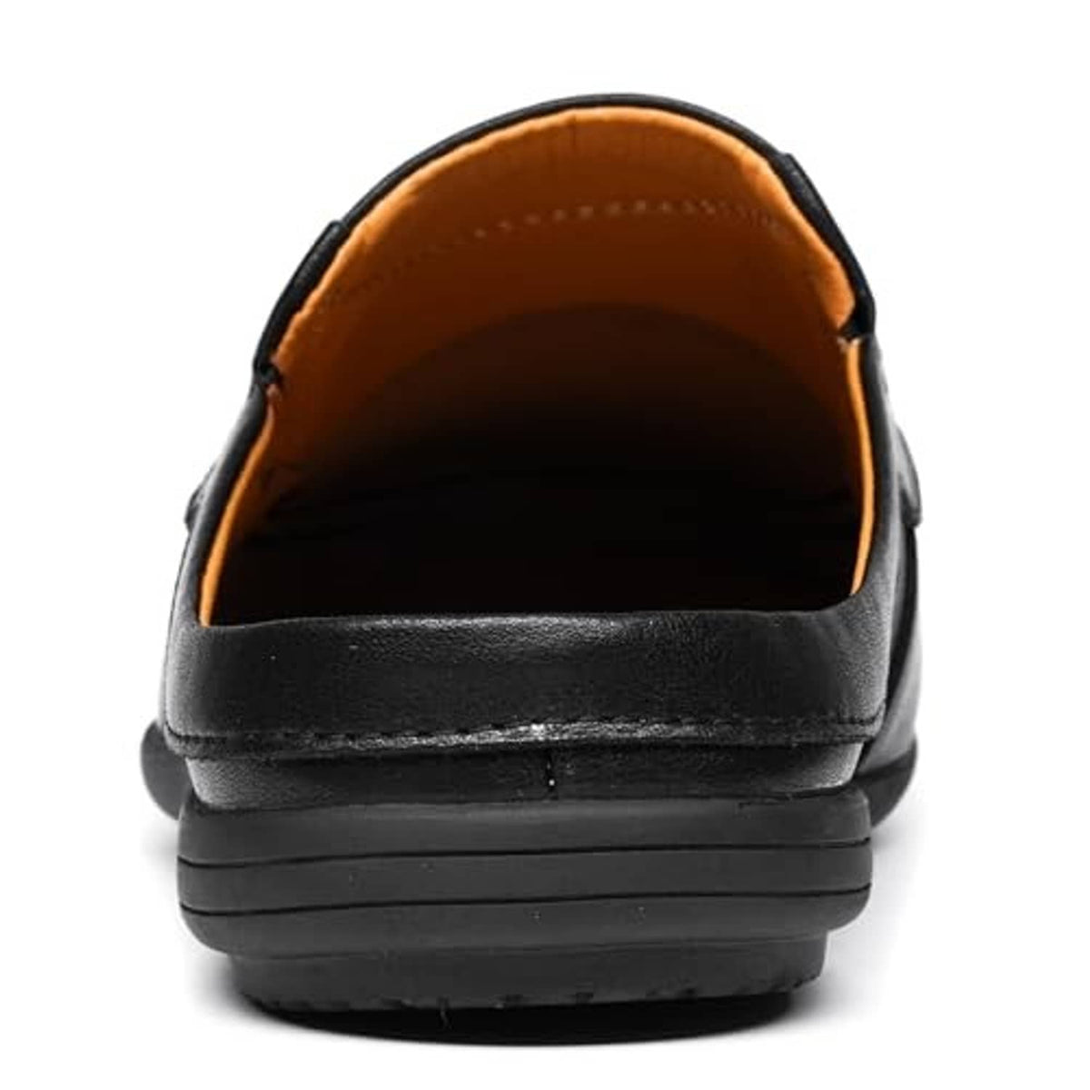 Black men's slip-on loafers with tan-lined collar and cushioned heel