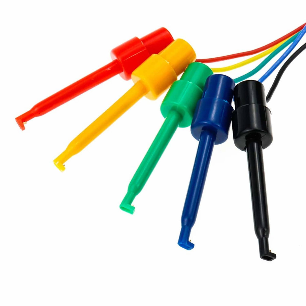Mini grabber hook test clips with silicone-insulated wires in red, yellow, green, blue, black