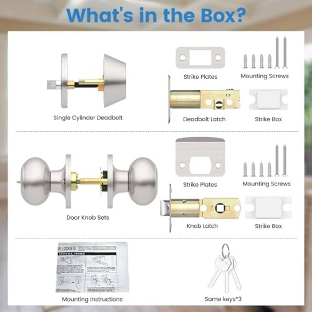 Brushed nickel door knob set contents: deadbolt latch, strike plates, screws, strike box, keys.