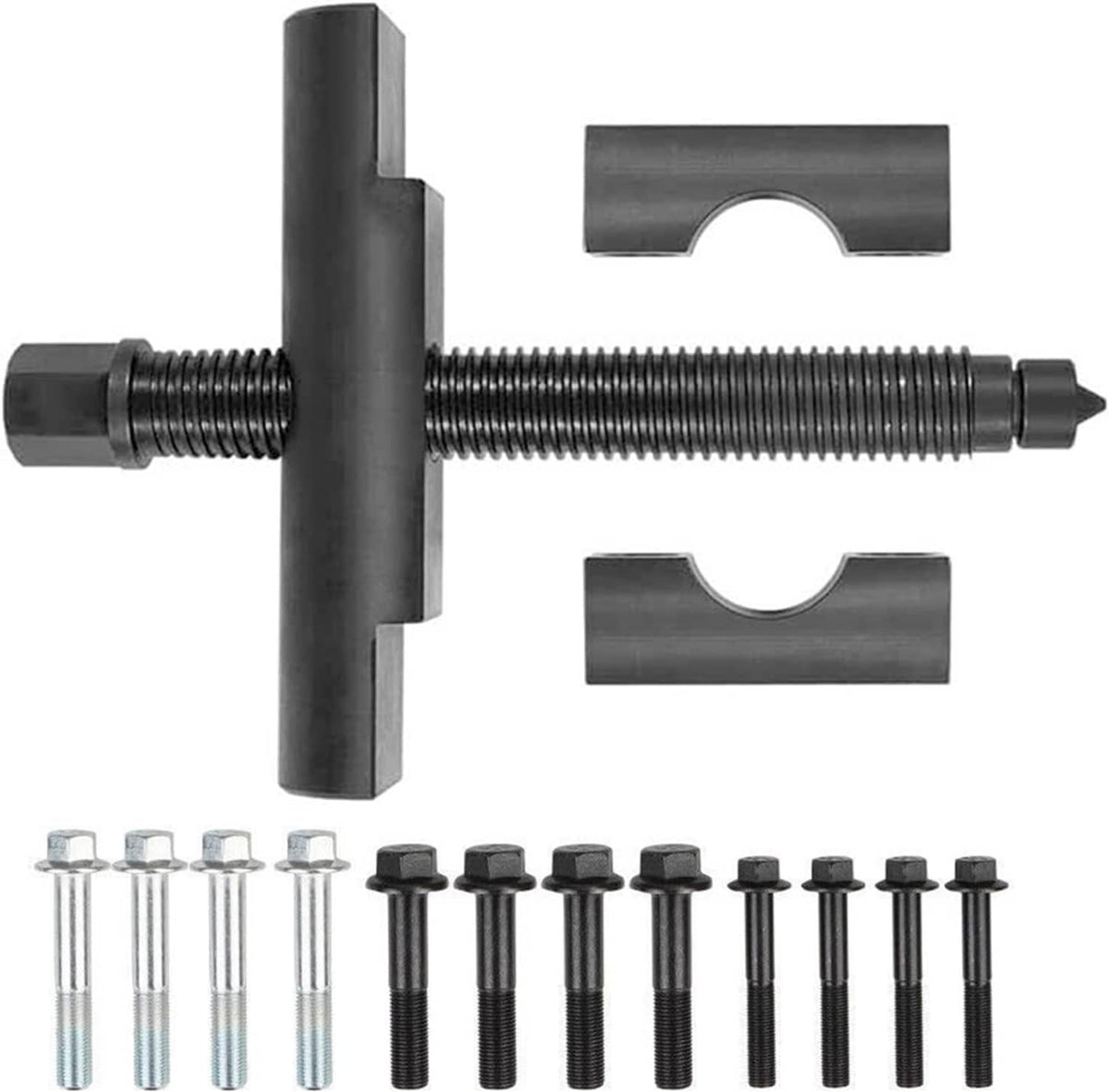 Heavy-duty yoke puller tool with threaded puller rod and clamp plates, plus bolts