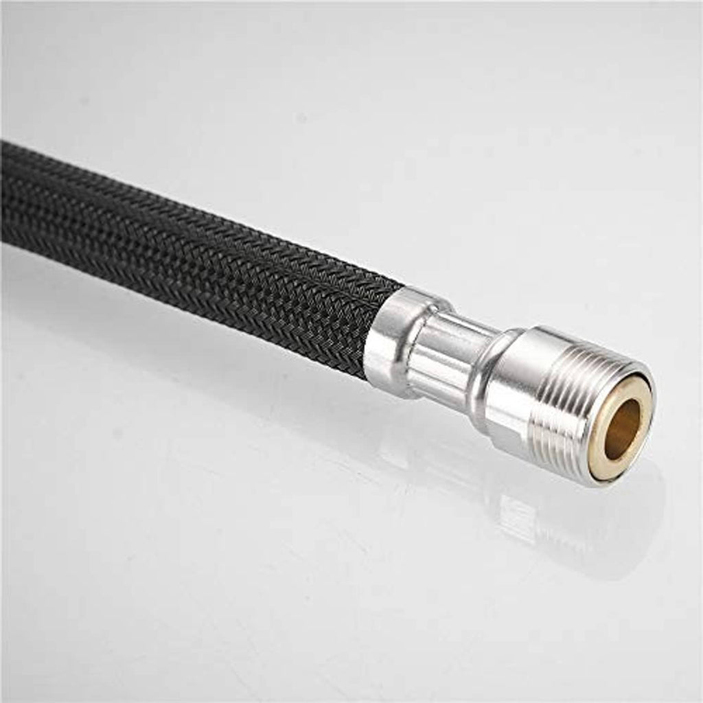Braided faucet hose end with chrome sleeve and brass threaded connector for installation.