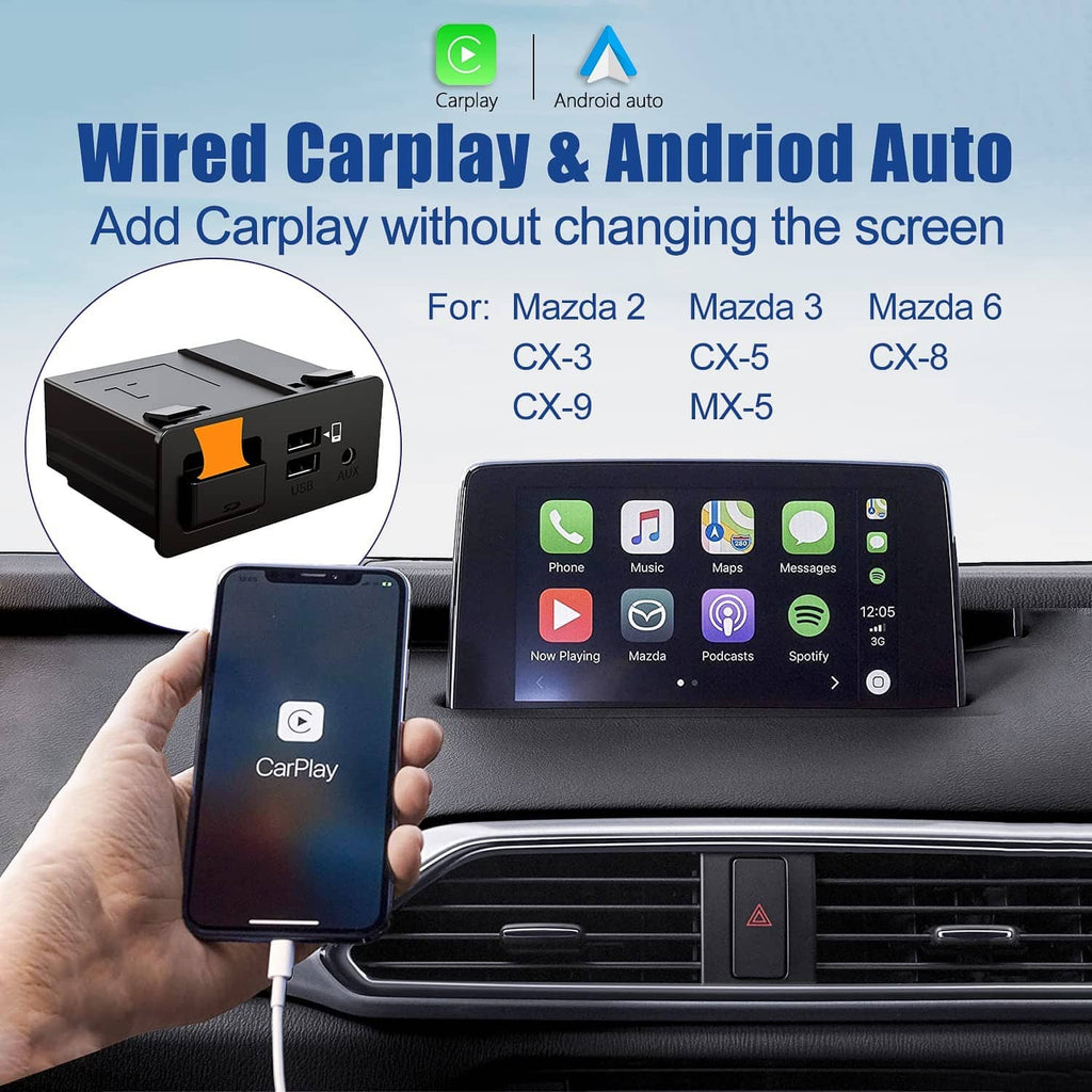 Wired CarPlay/Android Auto adapter box shown near dashboard with connected phone screens