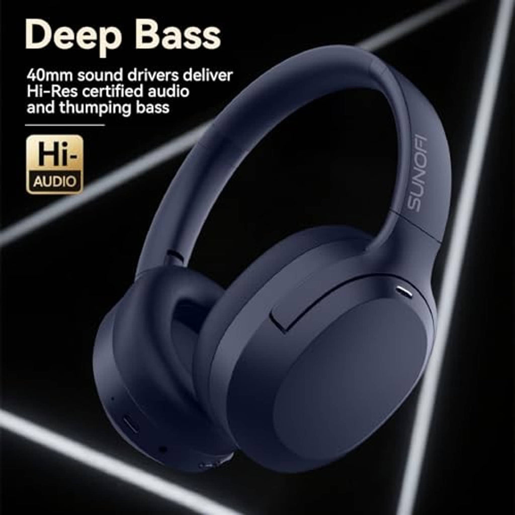 Dark blue over-ear headphones with padded earcups and headband, showing side controls