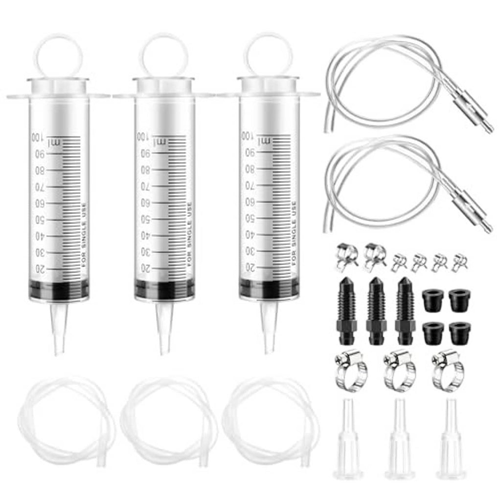 Brake bleeding syringe kit: three 100ml syringes with hoses, clamps, and fittings